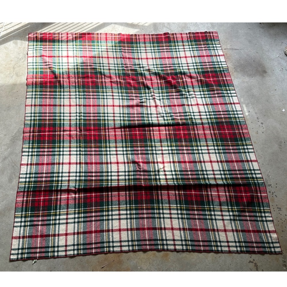 Vintage LL Bean Wool Blanket Stewart Highland Tartan Plaid Red Green 84x75